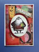 Greeting card with a stylized Santa Claus holding a gift, on a blue background
