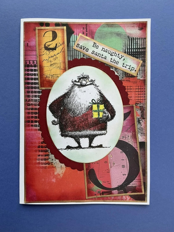Greeting card with a stylized Santa Claus holding a gift, on a blue background
