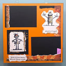 A square scrapbook or card layout with a bright orange border and collage-style panels, featuring black rectangular areas, torn-edge paper details, and two mummy-themed illustrated figures with text reading 'Surprise!' and 'What do you mean, it's not fancy dress.'.