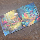 Colorful illustration of a forest scene with mushrooms on a wooden surface