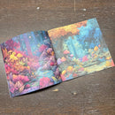 Colorful forest-themed paper on a wooden surface