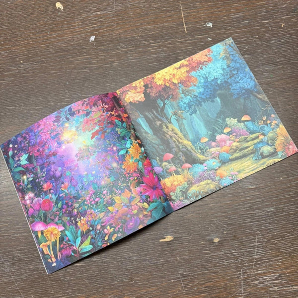 Colorful floral and nature-themed paper on a wooden surface