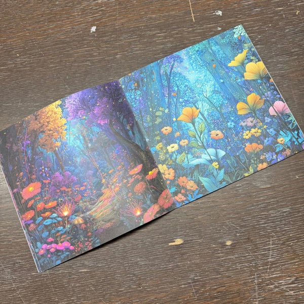 Colorful forest-themed paper on a wooden surface