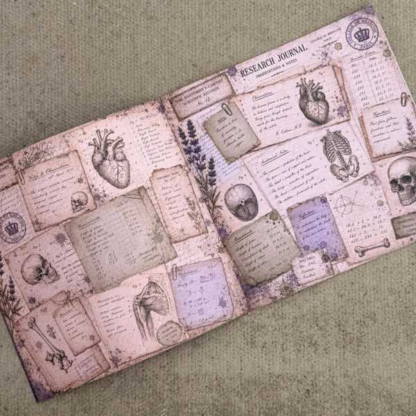 An open vintage-style research journal spread on a textured olive green fabric background. The pages are aged, pinkish-tan, and decorated with anatomical illustrations of hearts, a skull, a winged bone, handwritten notes, and botanical details like lavender.