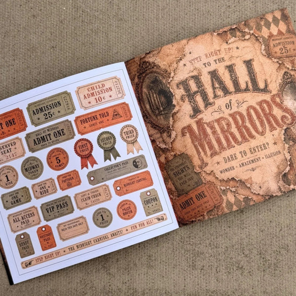 A printed sheet of vintage-style ticket and badge stickers placed next to a matching decorative card or book cover on a textured beige fabric background. The design uses distressed brown, tan, orange, and muted red tones with text such as 'Hall of Mirrors,' 'Admit One,' 'Chance Admission,' and 'Fortune Fold.