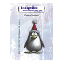 IndigeBlu 'Cheery Penguin' rubber stamp card featuring a cartoon penguin wearing a red Santa hat, with the text 'All I want for Christmas is you.