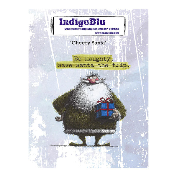IndigeBlu 'Cheery Santa' Quinceessentialy English Rubber Stamp featuring a whimsical illustration of Santa in a green coat holding a blue gift box, with the text 'Be naughty, save santa the trip.' on a distressed light background.