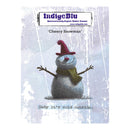 IndigeBlu 'Cheery Snowman' rubber stamp design shown on a square product card. The stamp features a hand-drawn snowman wearing a red hat and green scarf, with the text 'Baby it's cold outside.