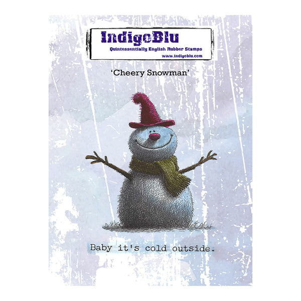 IndigeBlu 'Cheery Snowman' rubber stamp design shown on a square product card. The stamp features a hand-drawn snowman wearing a red hat and green scarf, with the text 'Baby it's cold outside.