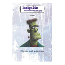 A rectangular rubber stamp featuring a stylized green Frankenstein's monster head and shoulders on a distressed light blue background, with the brand name 'IndigeBlu' at the top and the text 'Oh no, not again.