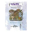 IndigeBlu 'Where Magic Lingers' English Rubber Stamp package, featuring an illustrated design of a small wooden door surrounded by mushrooms, flowers, and foliage on a distressed light blue background.