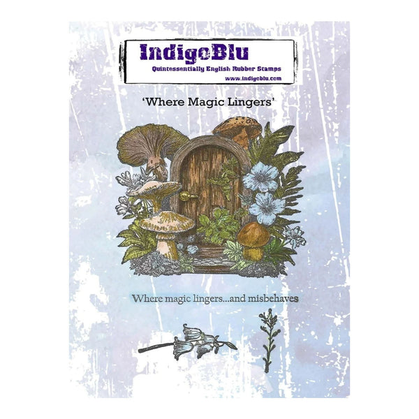 IndigeBlu 'Where Magic Lingers' English Rubber Stamp package, featuring an illustrated design of a small wooden door surrounded by mushrooms, flowers, and foliage on a distressed light blue background.
