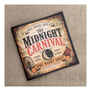 A square art print or book cover titled "The Midnight Carnival" shown at an angle on a textured beige fabric background. The design has a vintage carnival poster look with distressed cream, brown, black, and red typography, plus small illustrations of a moon, circus tent, and Ferris wheel.