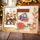 A vintage-style Christmas greeting card displayed on a wooden surface with a blurred festive background. The card features an illustration of three children singing in the snow, a red and green steam locomotive, red poinsettias, holly, wrapped gifts, and the text 'Christmas Blessings to You and Yours'.