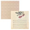 A vintage sheet music page titled 'Cherries Ripe' with musical notation and a botanical illustration of cherries on a branch, shown alongside a printed sheet of matching vintage ticket-like stamps.