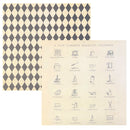 Two vintage-style educational prints stacked diagonally. The top-left print features a black and cream harlequin diamond pattern.