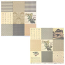 Two sheets of vintage-style scrapbooking paper, featuring a patchwork design with antique botanical illustrations, old maps, handwritten letters, and various vintage patterns in muted beige, gray, and black tones.