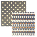A set of patterned paper sheets. The set includes a dark gray sheet with cream polka dots, and two patterned sheets featuring navy blue owls, orange stars, and cream stripes.