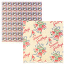 Two sheets of holiday-themed scrapbooking paper from Papermania. One sheet features a repeating grid of vintage postage stamps with 'Seasons Greetings' text, and the other features a cream background with red script text, red bells, green holly, and gray ribbons.