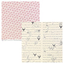 A double-sided scrapbook paper sheet from Red Feather Paper. The left side shows a red and white floral pattern, and the right side shows a cream-colored background with black vintage-style text and illustrations of chickens.