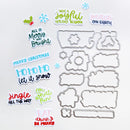 A set of holiday-themed die-cut stickers and matching metal cutting dies arranged on a white background. The stickers feature festive phrases like 'Merry Christmas', 'Ho Ho Ho let it snow', 'Have a joyful holiday season', and 'Peace on Earth' in colorful fonts, alongside snowflake and Christmas tree shapes.