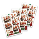 Three printed holiday sticker sheets arranged overlapping on a white background. The sheets feature vintage-style children in red and gray clothing holding cards, with red and green holiday labels and decorative text.