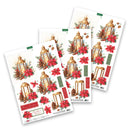 Three overlapping sheets of Christmas die-cut stickers featuring vintage lanterns, red poinsettias, pinecones, and green foliage on a white background.