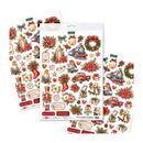 Three sheets of Christmas-themed die-cut enamel pins displayed on a clean white background. The sheets feature festive illustrations including a steam locomotive, nutcracker, red stockings, wreaths, candy canes, and holiday gifts.