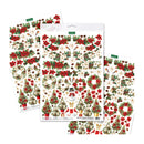 Three sheets of Christmas die-cut stickers displayed on a white background, featuring red poinsettias, green holly and wreaths, pinecones, candy canes, and small holiday trees.