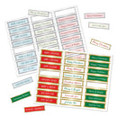 Collection of Christmas-themed labels in various colors on a white background