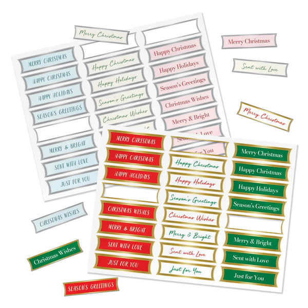 Collection of Christmas-themed labels in various colors on a white background