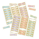 A set of decorative paper labels or stickers with birthday and friendship phrases such as Happy Birthday, Special Birthday, Just for You, and Best Wishes, arranged on a white background.