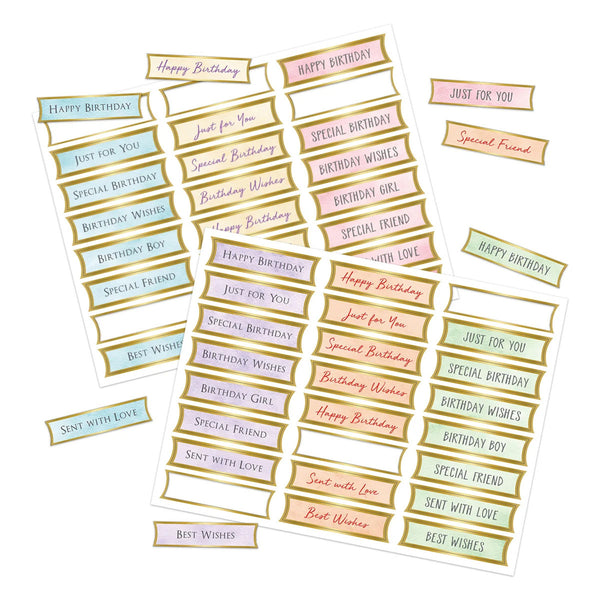 A set of decorative paper labels or stickers with birthday and friendship phrases such as Happy Birthday, Special Birthday, Just for You, and Best Wishes, arranged on a white background.