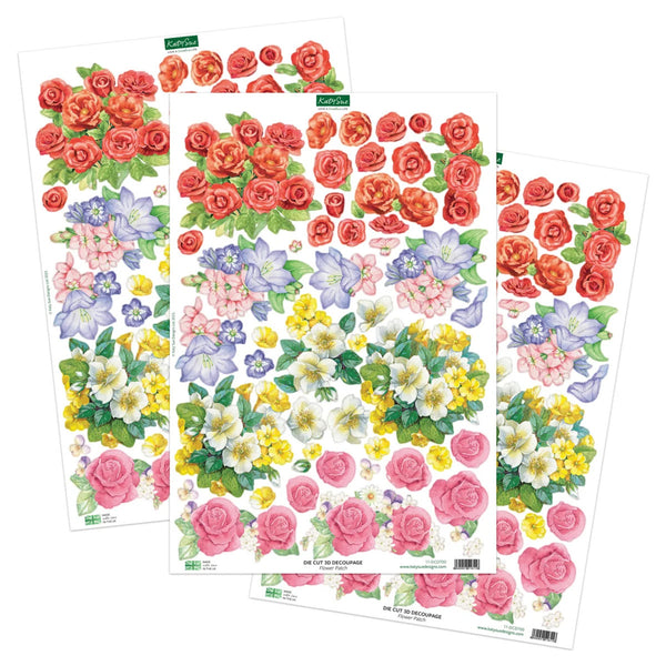 Three sheets of floral stickers fanned out on a white background, featuring watercolor-style roses and mixed flowers in red, pink, yellow, purple, and white with green leaves.