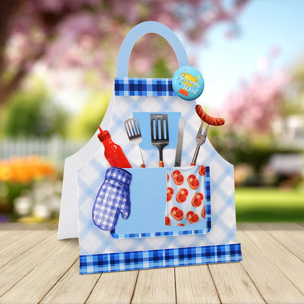 Children's apron with cooking utensils on a wooden surface with a garden background