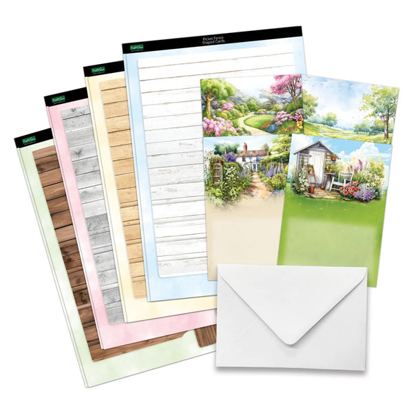 Set of stationery items including letterheads and an envelope with garden-themed designs.
