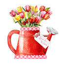 Red watering can with a checkered pattern filled with colorful tulips and a 'Love & Kisses' tag.