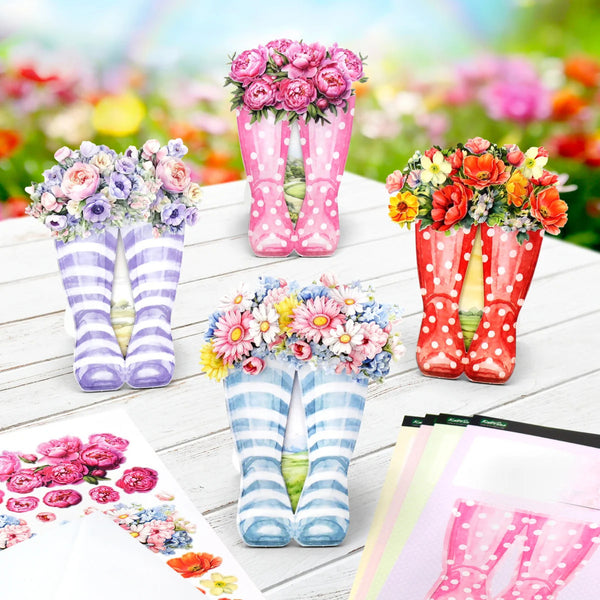 Colorful rain boots with floral arrangements on a wooden surface.
