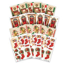 A set of Christmas-themed sticker sheets arranged in a fan layout on a white background. The sheets feature red patterned stockings, green wreaths, gold bells, and holiday decorations.