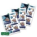 Four printed craft sheets featuring a whimsical illustrated scene of camel caravan riders under a full moon, arranged on a white background. The sheets include various cut-out elements and are branded with Katy Sue.