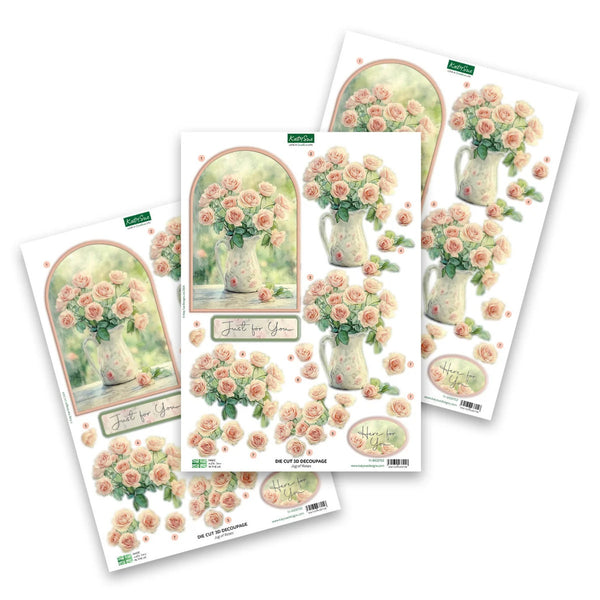 Set of floral decoupage sheets with roses and decorative elements on a white background.
