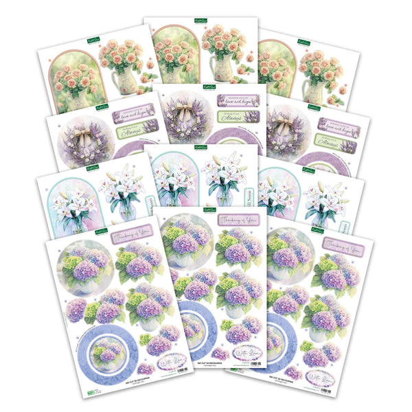 A fan arrangement of five decorative sticker sheets featuring watercolor-style floral designs, including purple hydrangeas, pink roses, white lilies, and lavender wreaths on a white background.