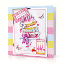 A handmade layered card featuring a 3D cake with candles, butterflies, strawberries, and decorative patterned borders in pastel pink, blue, yellow, and white. The card includes text elements reading 'Happy Birthday' and 'Special Day'.