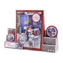 A 3D pop-up birthday card set featuring a central motorcycle-themed card with a red border, a small 'Happy Birthday' card, and two circular stickers, all displayed on a clean white background.