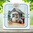 Greeting card with a garden shed illustration and 'Wishing you a Fantastic Birthday' text.