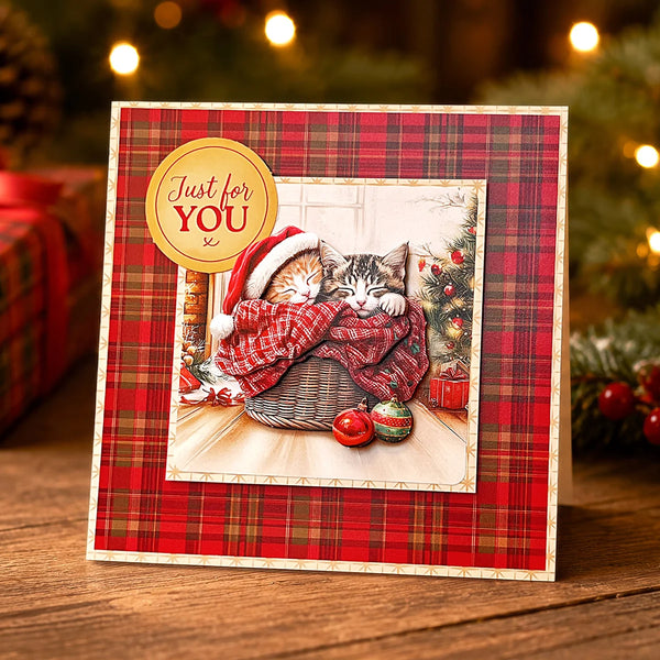 A square Christmas greeting card standing on a wooden surface, featuring a red plaid border and a central illustration of two kittens wrapped in a red plaid blanket inside a basket, with a gold circular badge that reads 'Just for YOU'. The background shows a softly blurred festive holiday scene with lights and greenery.