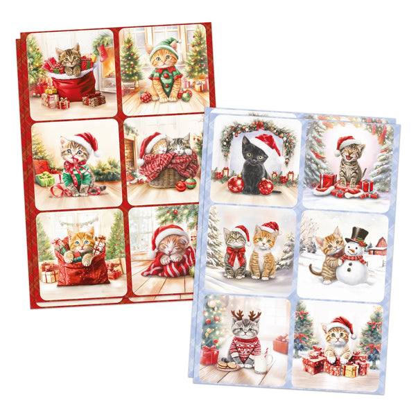 Two sheets of Christmas-themed cat stickers displayed on a white background. One sheet has a red border and the other has a light blue border, both featuring multiple cute illustrations of cats in festive holiday settings like Santa hats, Christmas trees, gifts, and snow.