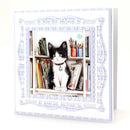 Illustration of a black and white cat sitting on a bookshelf with decorative frame