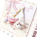 Illustration of a cat with a pink bowl and gold spoon on a textured background
