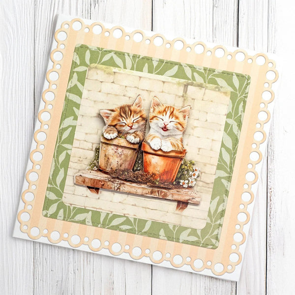Card with two cats in pots on a decorative background
